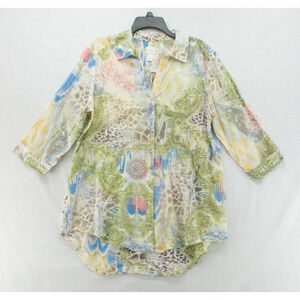 Chico's Tunic Blouse Womens Size 3 White Gauze Print 1/2 Sleeve Cottagecore XL